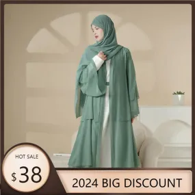 Plain 3-Layered Chiffon Open Abaya 3-Piece Set (MOA007)