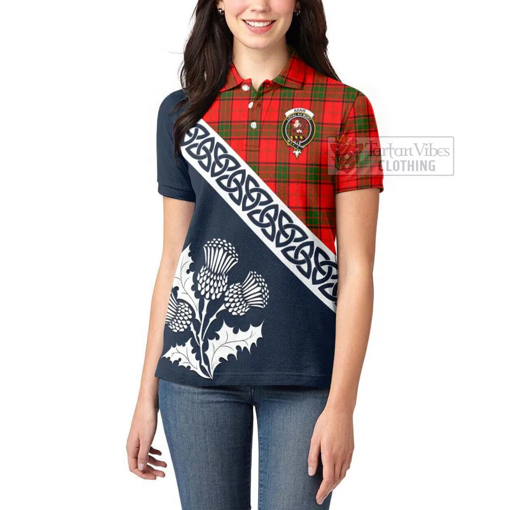 Adair Tartan Women's Polo Shirt Featuring Thistle and Scotland Map