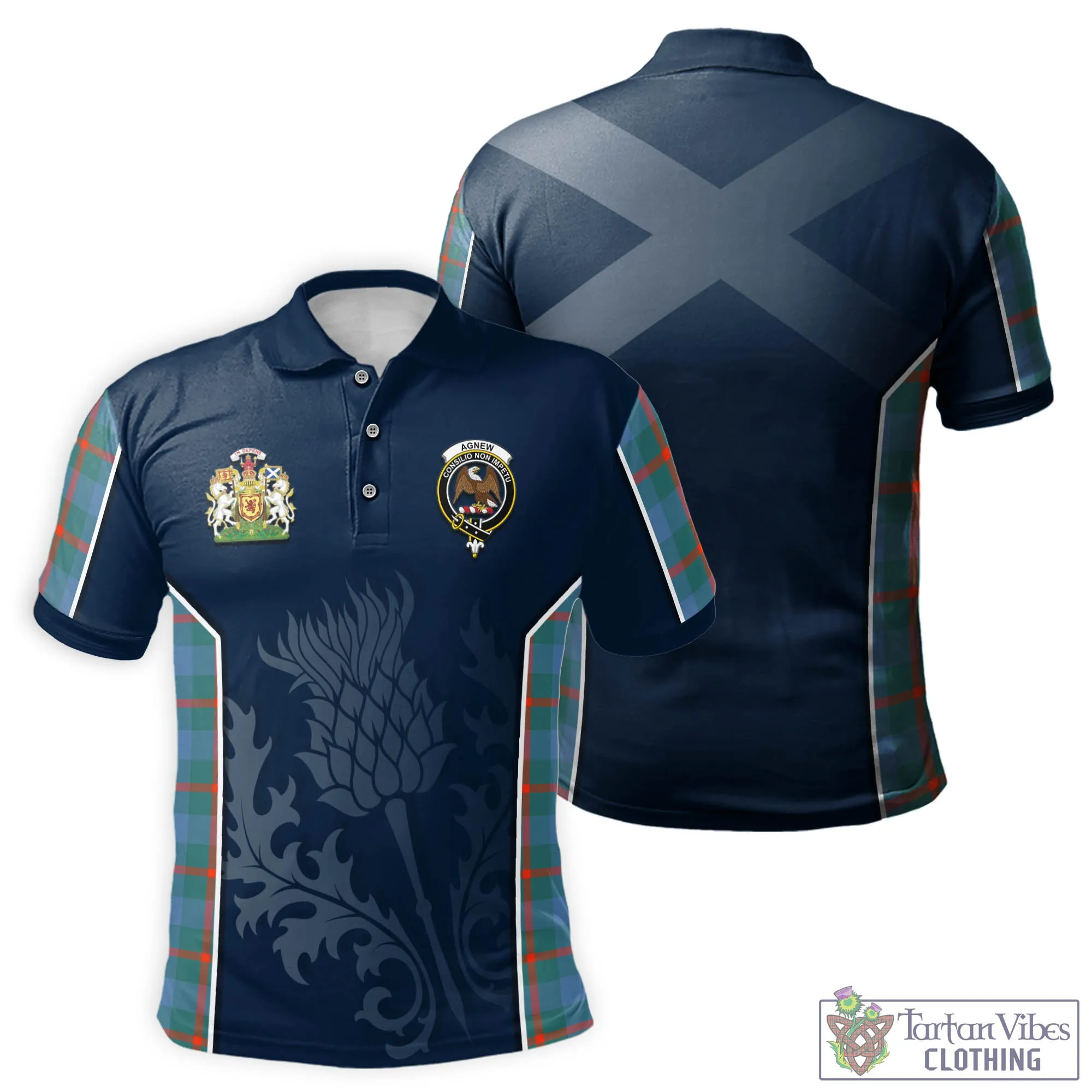 Agnew Ancient Tartan Men's Polo Shirt with Family Crest and Scottish Thistle Vibes Sport Style