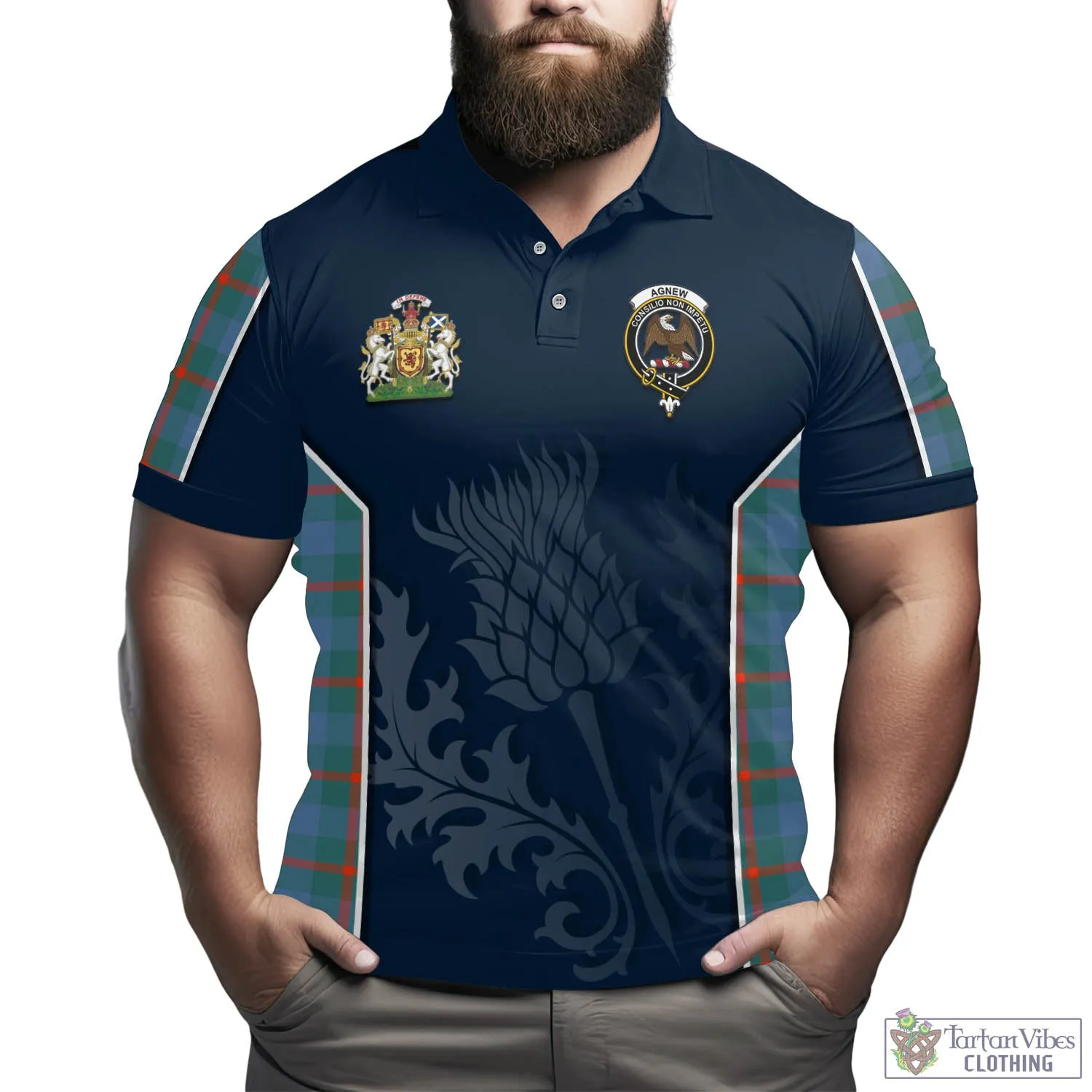 Agnew Ancient Tartan Men's Polo Shirt with Family Crest and Scottish Thistle Vibes Sport Style