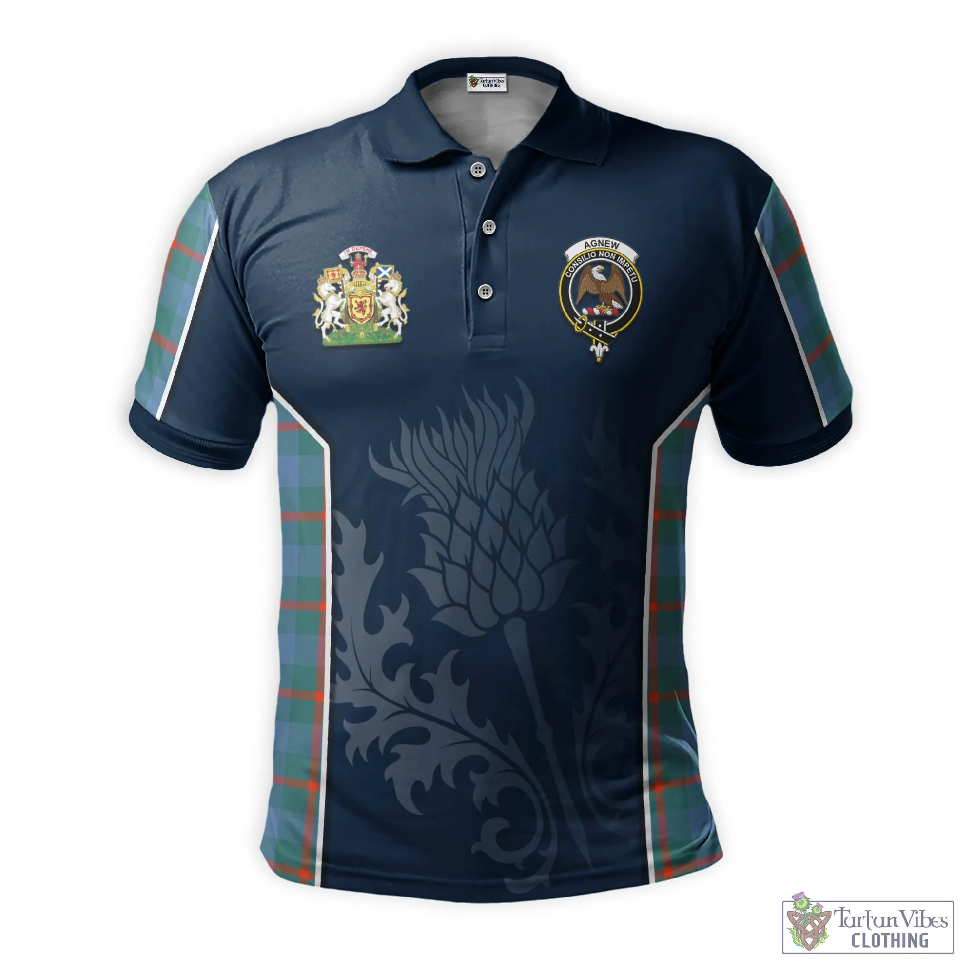 Agnew Ancient Tartan Men's Polo Shirt with Family Crest and Scottish Thistle Vibes Sport Style