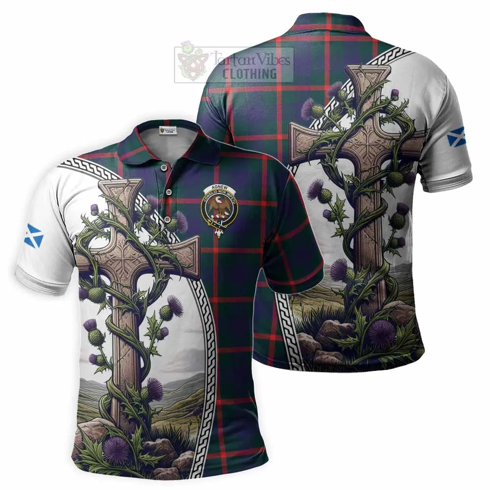 Agnew Tartan Polo Shirt with Family Crest and St. Andrew's Cross Accented by Thistle Vines