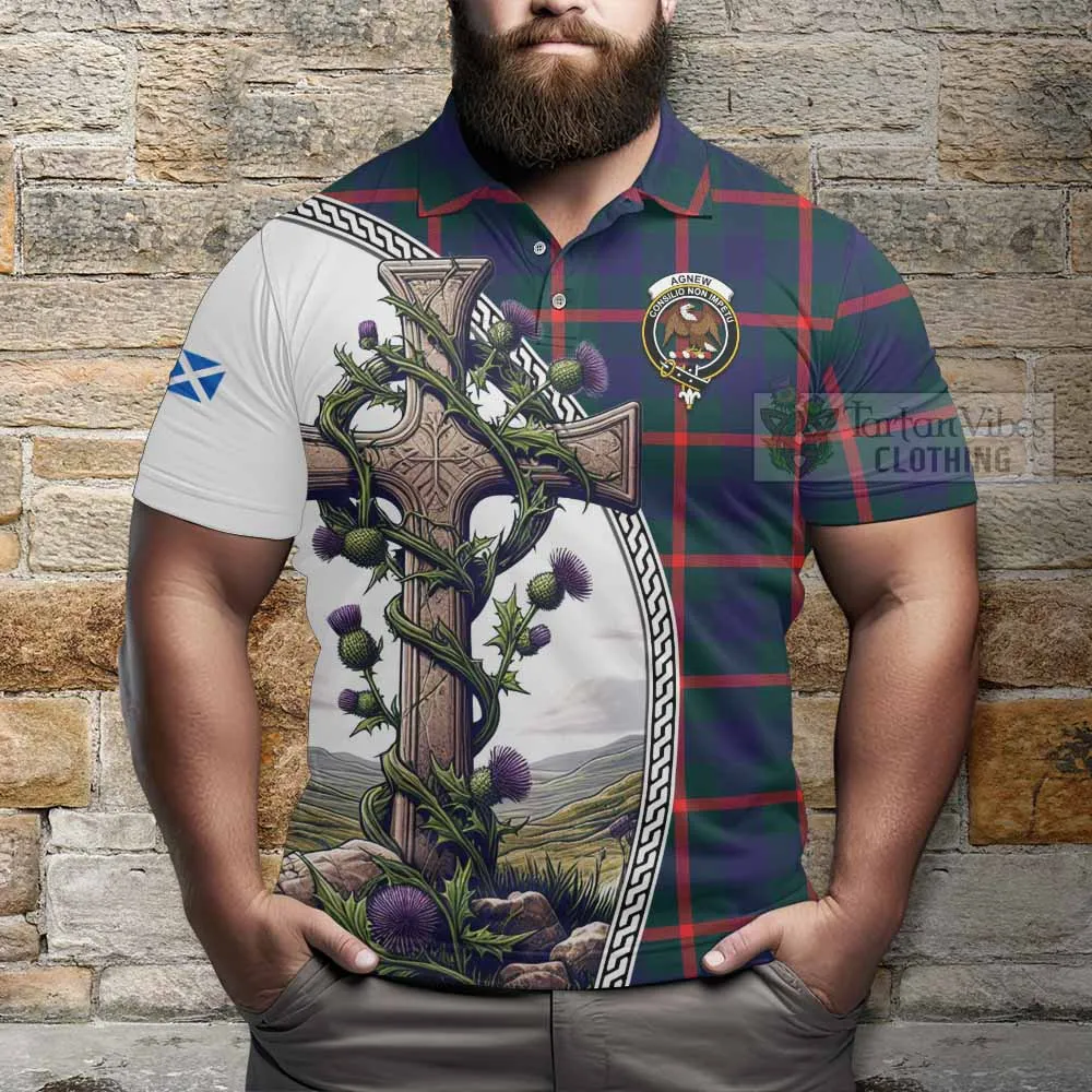 Agnew Tartan Polo Shirt with Family Crest and St. Andrew's Cross Accented by Thistle Vines