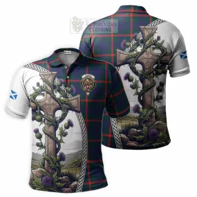 Agnew Tartan Polo Shirt with Family Crest and St. Andrew's Cross Accented by Thistle Vines