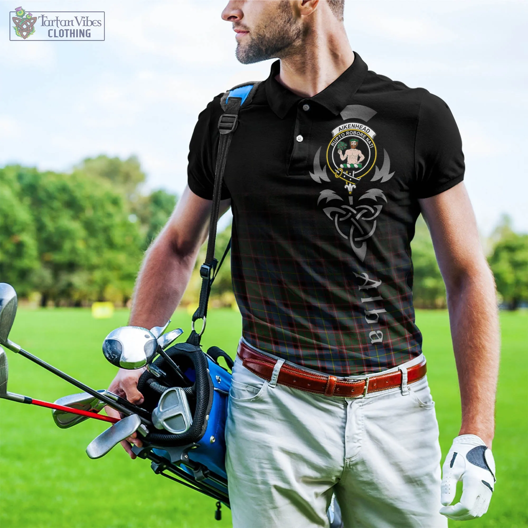 Aikenhead Tartan Polo Shirt Featuring Alba Gu Brath Family Crest Celtic Inspired