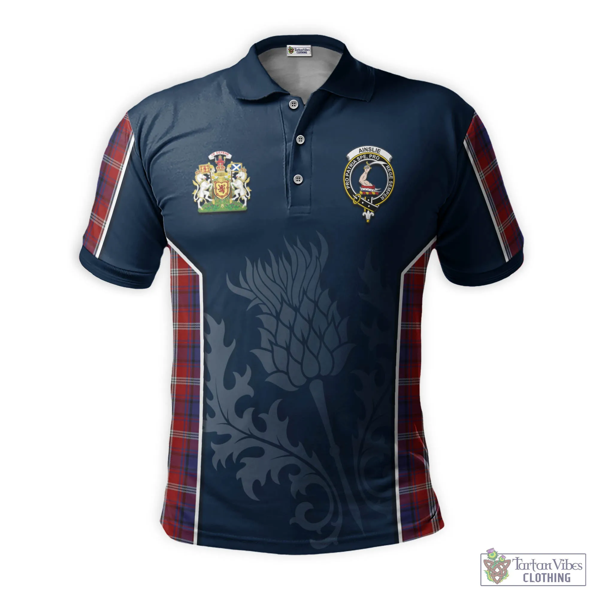 Ainslie Tartan Men's Polo Shirt with Family Crest and Scottish Thistle Vibes Sport Style