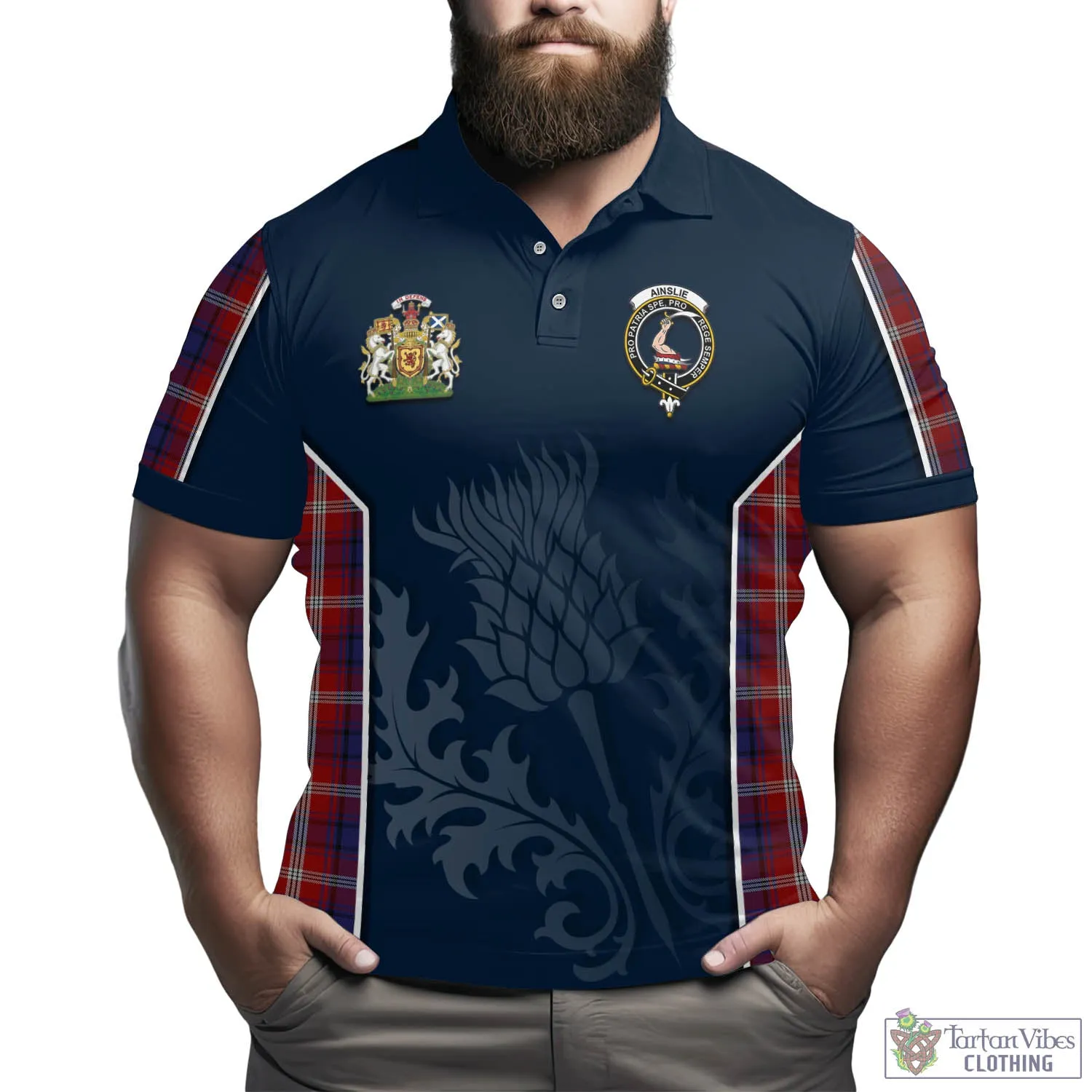 Ainslie Tartan Men's Polo Shirt with Family Crest and Scottish Thistle Vibes Sport Style