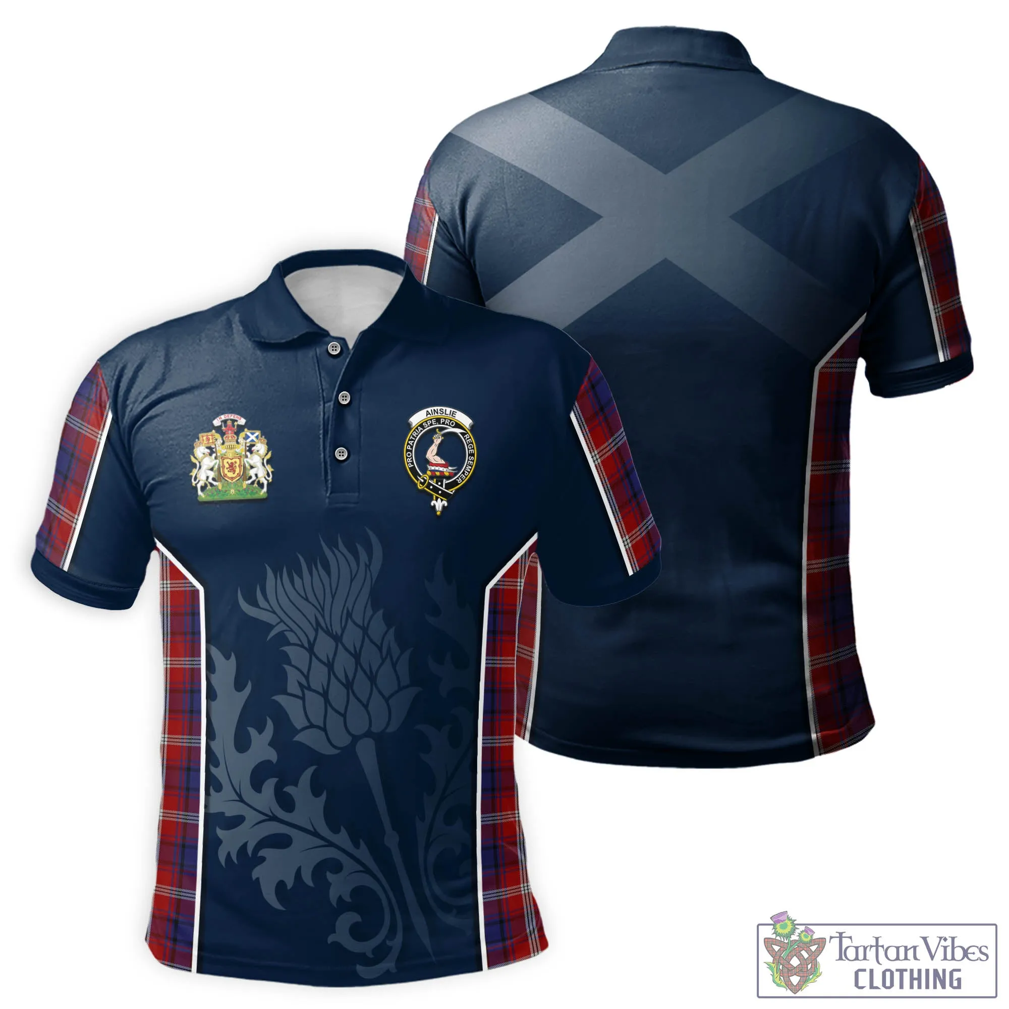 Ainslie Tartan Men's Polo Shirt with Family Crest and Scottish Thistle Vibes Sport Style