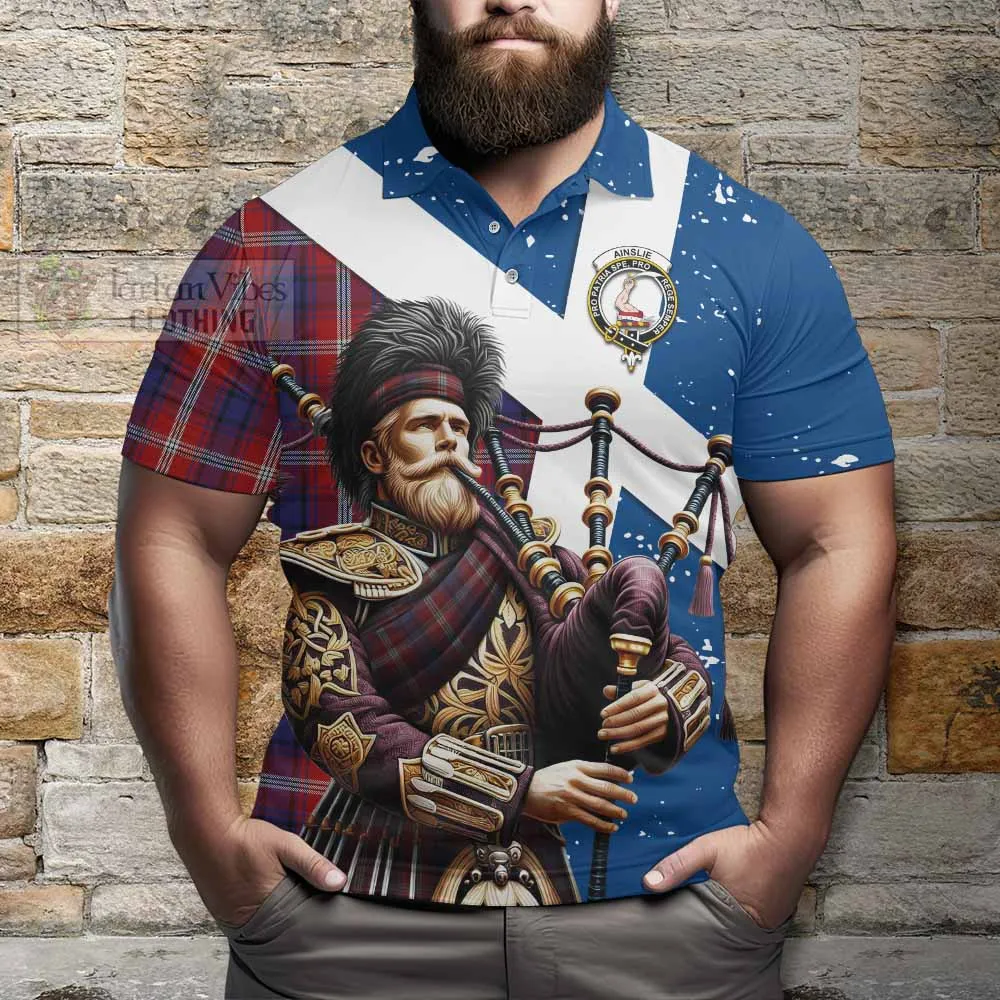 Ainslie Tartan Polo Shirt with Family Crest Scottish Bagpiper Vibes