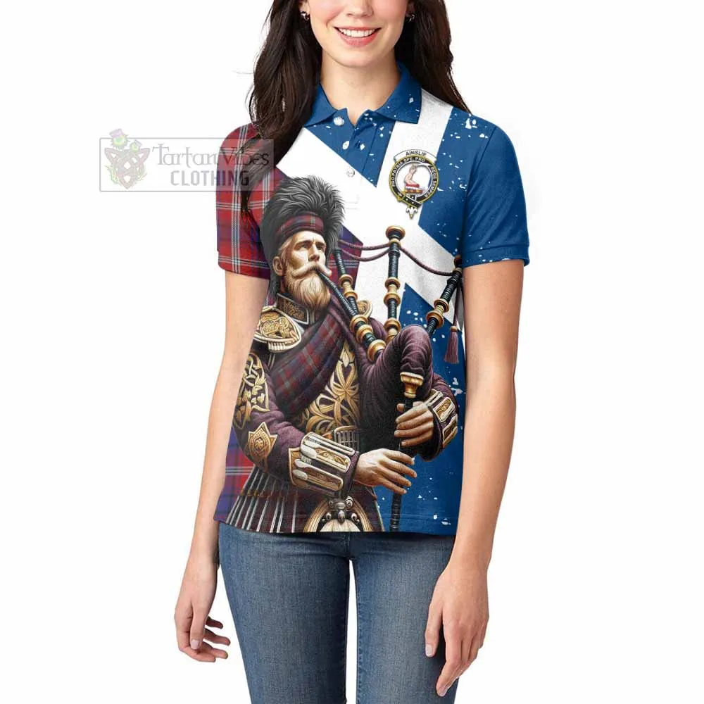 Ainslie Tartan Women's Polo Shirt with Family Crest Scottish Bagpiper Vibes