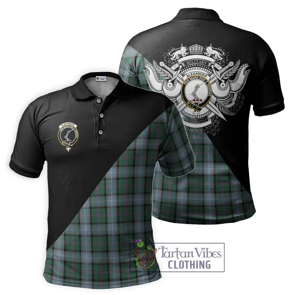 Alexander of Menstry Hunting Tartan Polo Shirt with Family Crest and Military Logo Style