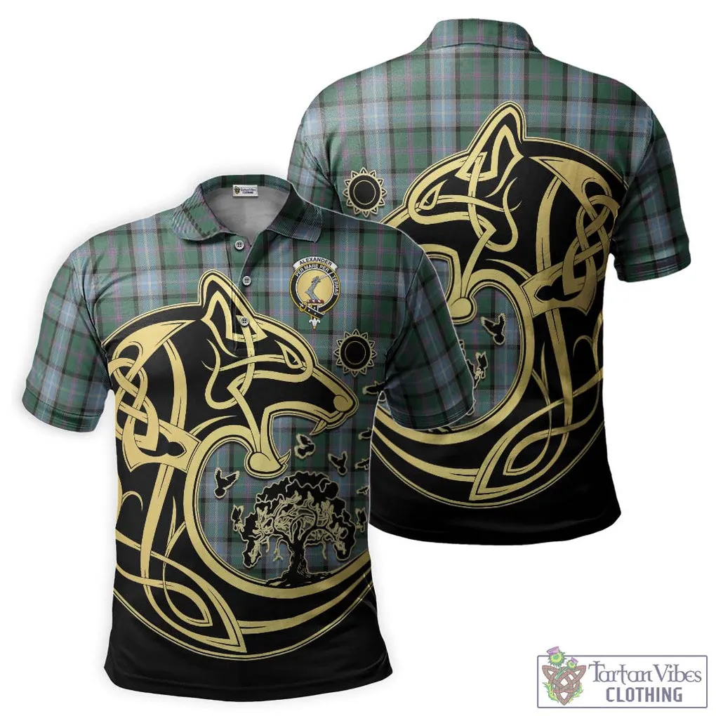 Alexander of Menstry Hunting Tartan Polo Shirt with Family Crest Celtic Wolf Style