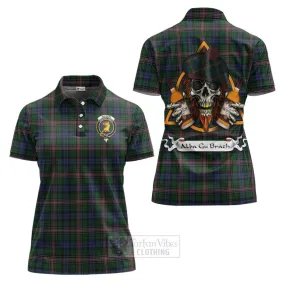 Allison Tartan Women's Polo Shirt with Family Crest and Bearded Skull Holding Bottles of Whiskey