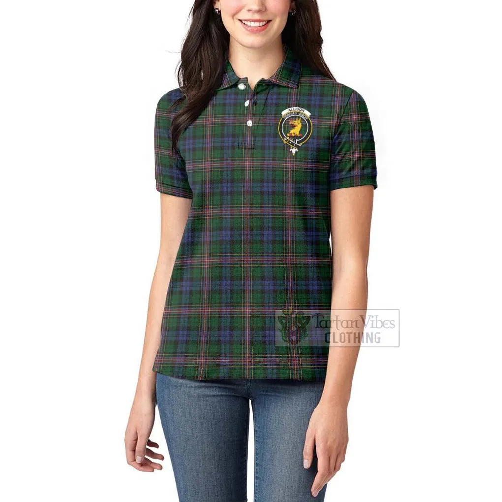 Allison Tartan Women's Polo Shirt with Family Crest and Bearded Skull Holding Bottles of Whiskey