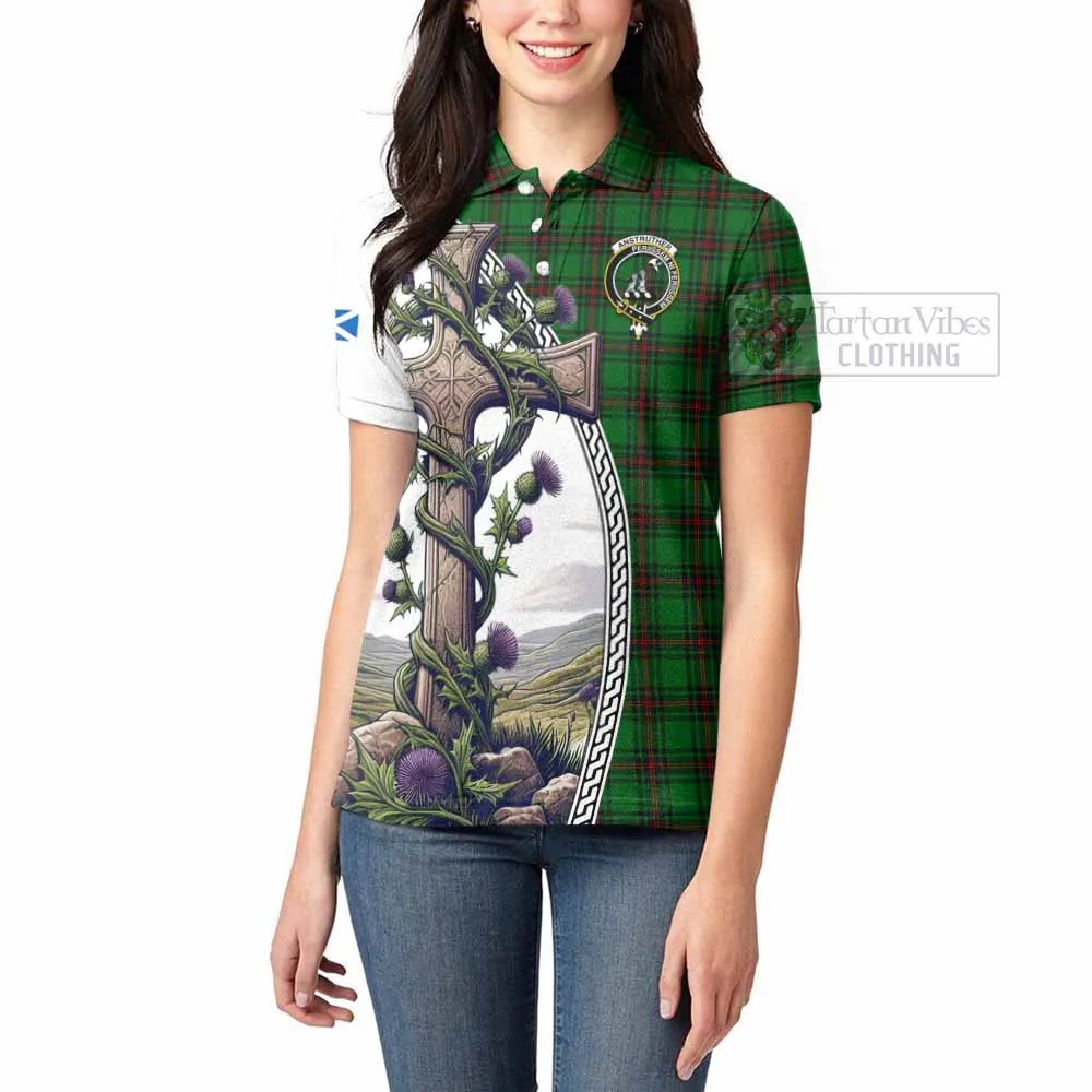 Anstruther Tartan Women's Polo Shirt with Family Crest and St. Andrew's Cross Accented by Thistle Vines