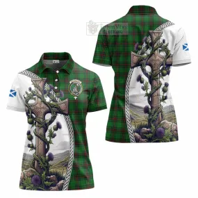 Anstruther Tartan Women's Polo Shirt with Family Crest and St. Andrew's Cross Accented by Thistle Vines