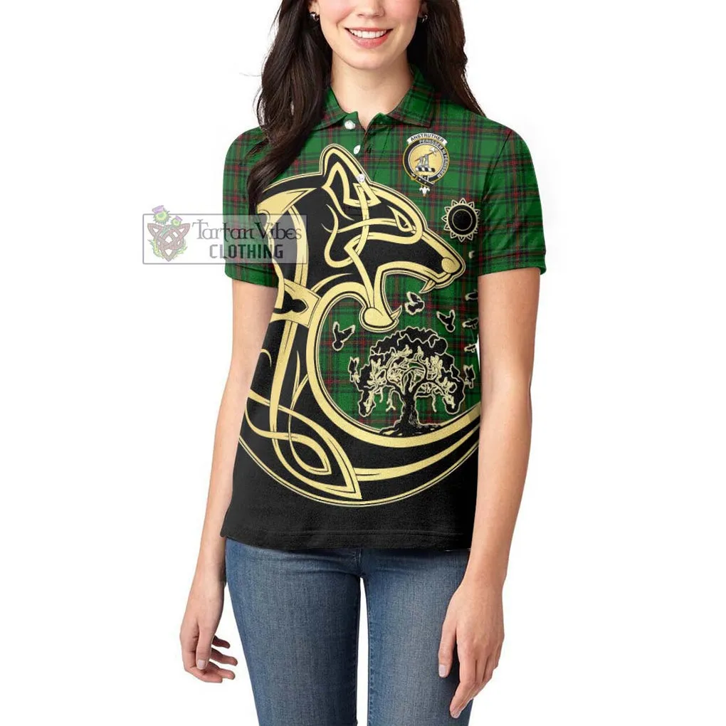 Anstruther Tartan Women's Polo Shirt with Family Crest Celtic Wolf Style