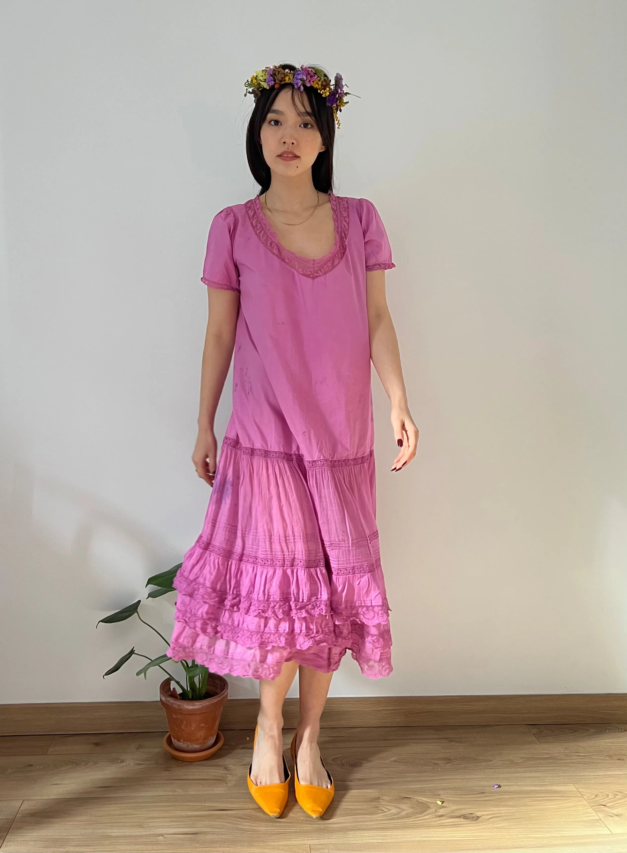 Antique 1920s soft cotton and lace hand dyed orchid dress