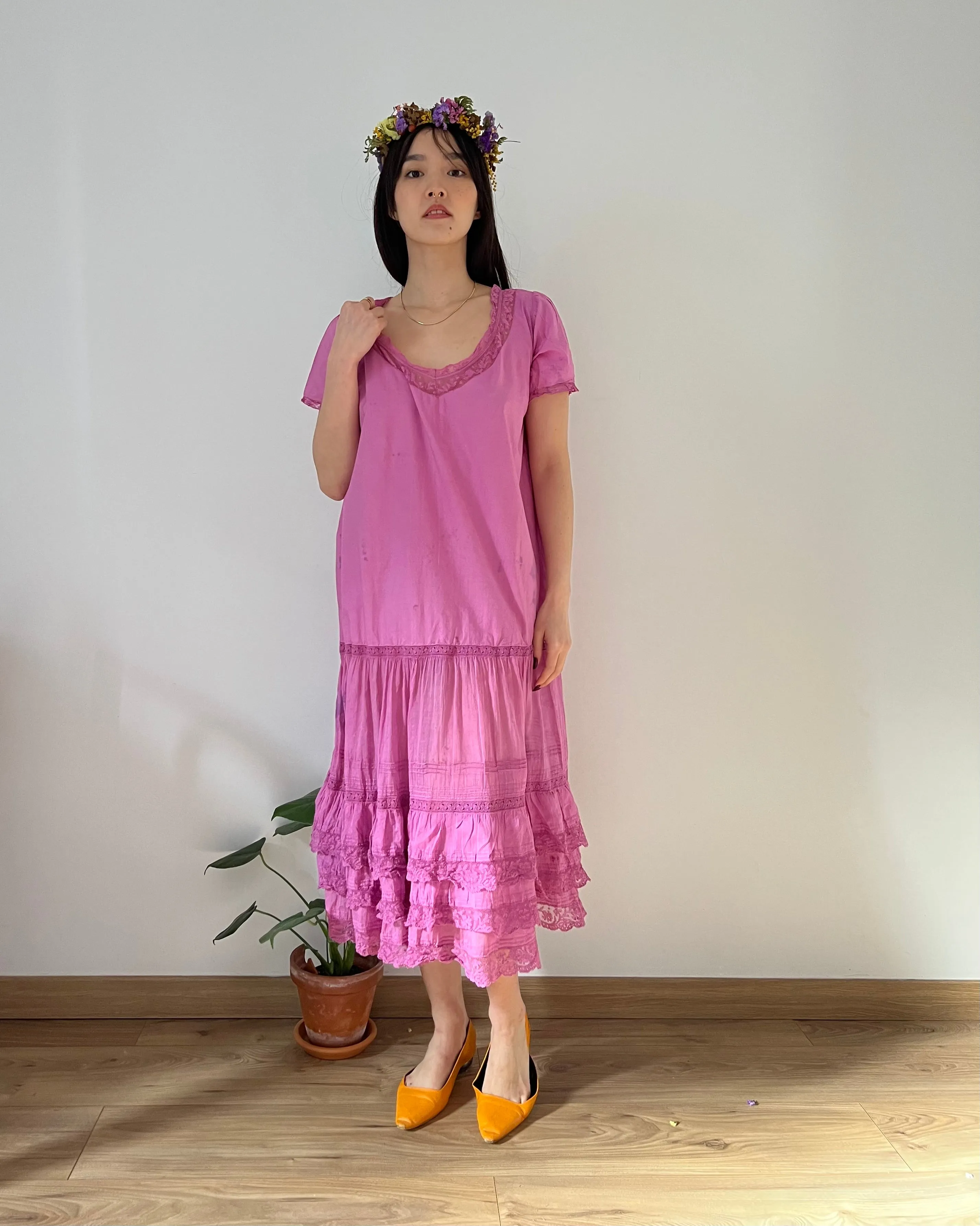 Antique 1920s soft cotton and lace hand dyed orchid dress