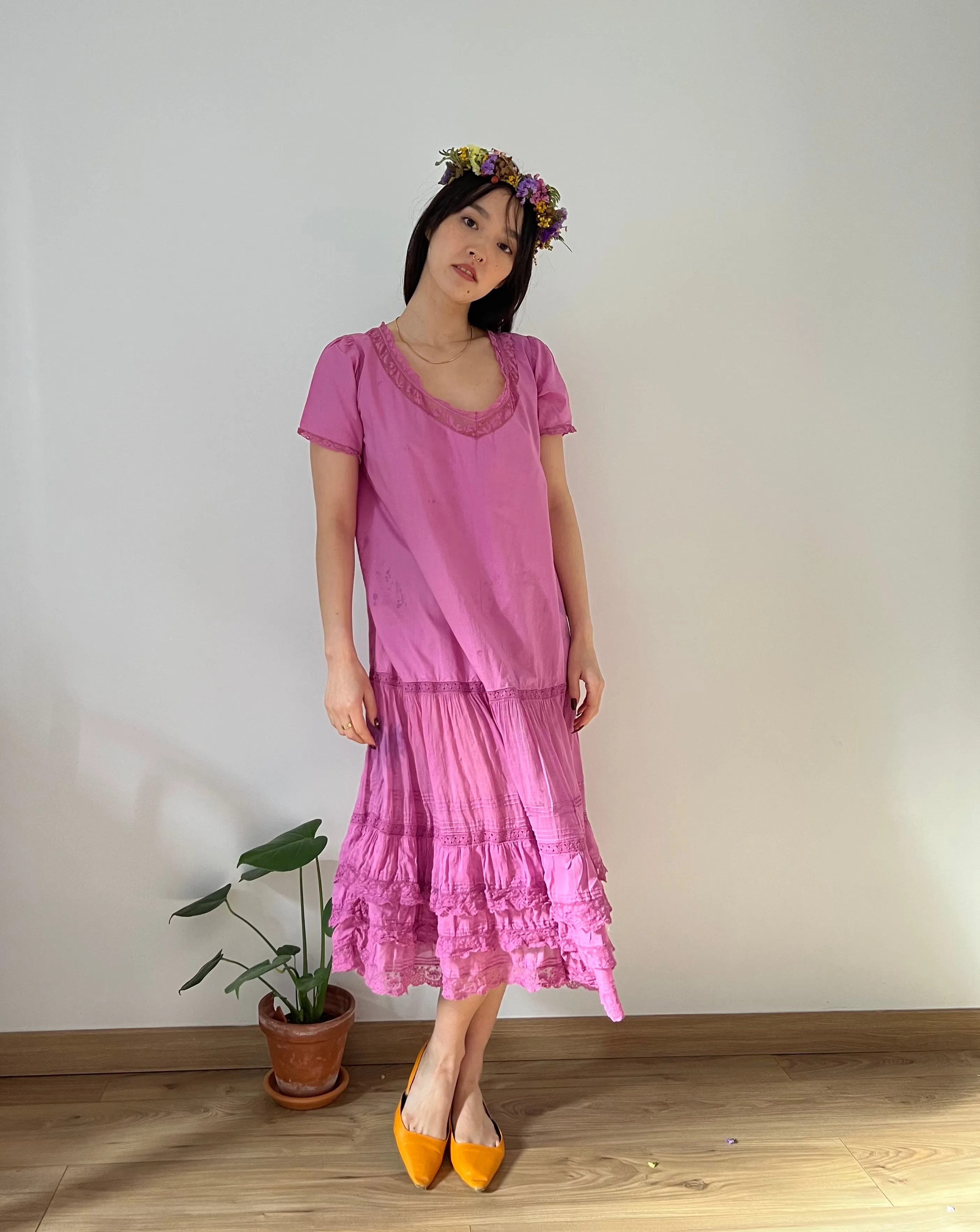 Antique 1920s soft cotton and lace hand dyed orchid dress