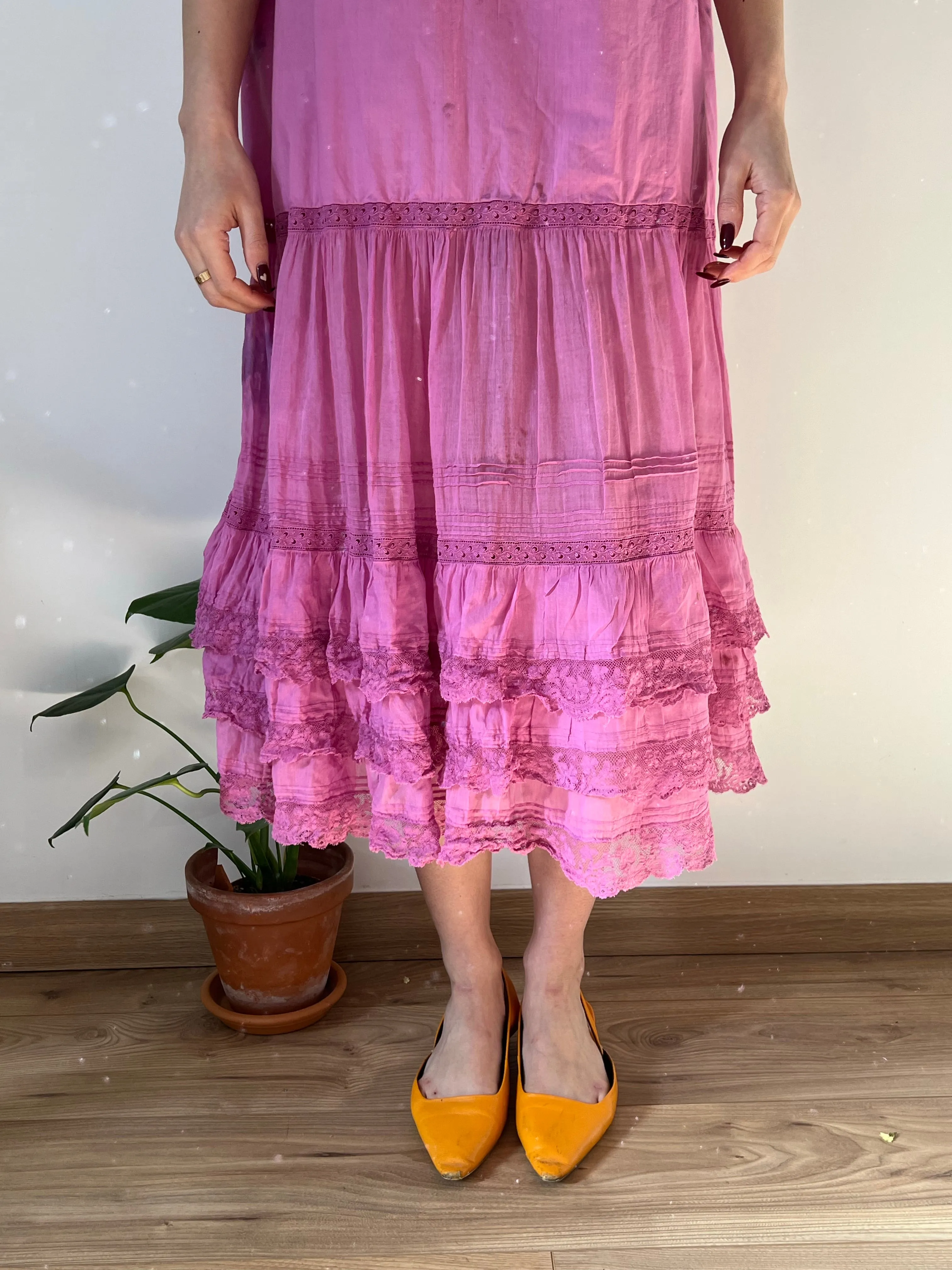 Antique 1920s soft cotton and lace hand dyed orchid dress