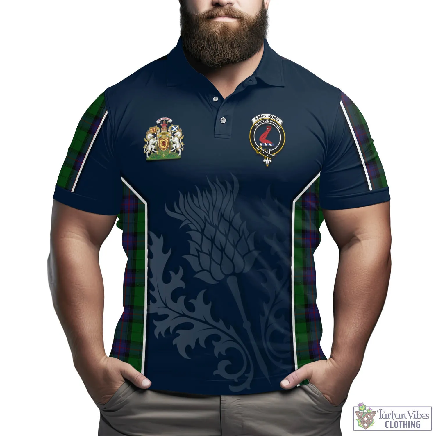 Armstrong Tartan Men's Polo Shirt with Family Crest and Scottish Thistle Vibes Sport Style