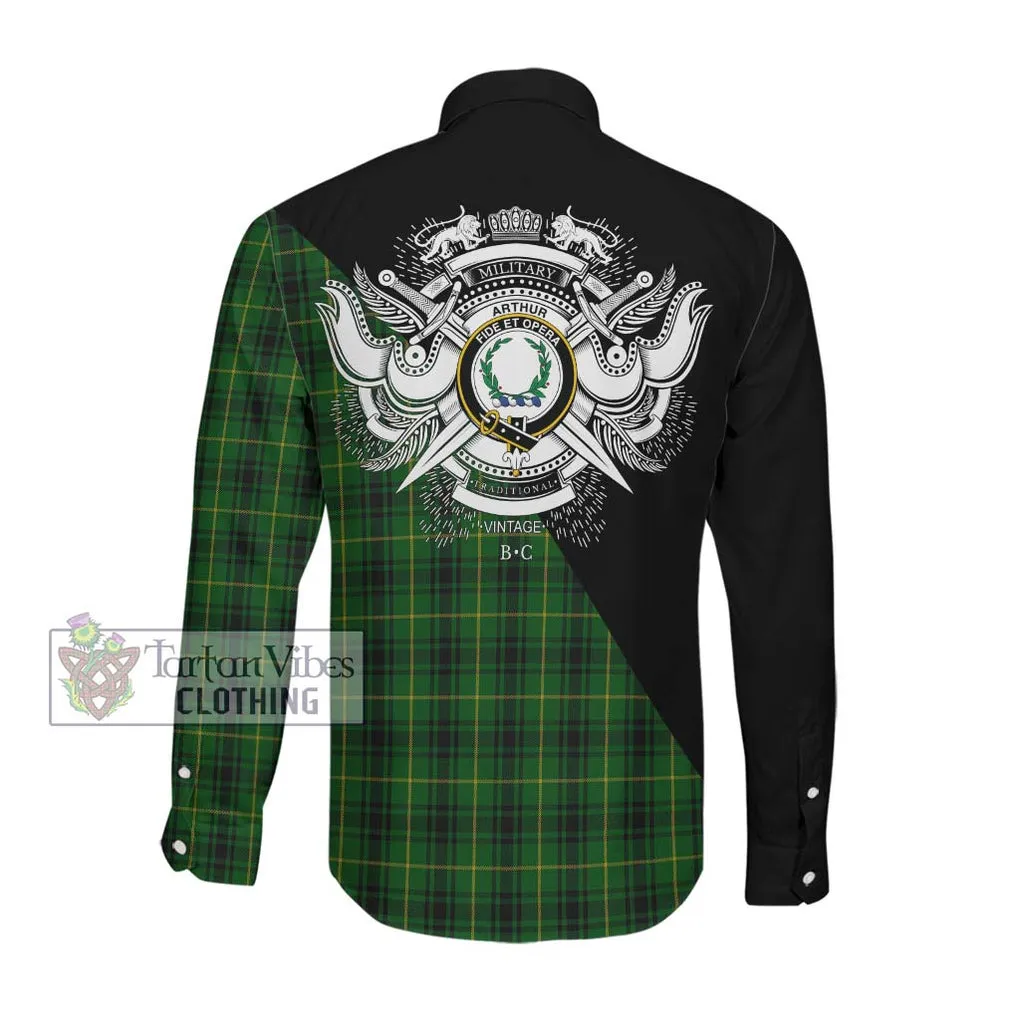 Arthur Tartan Long Sleeve Button Shirt with Family Crest and Military Logo Style