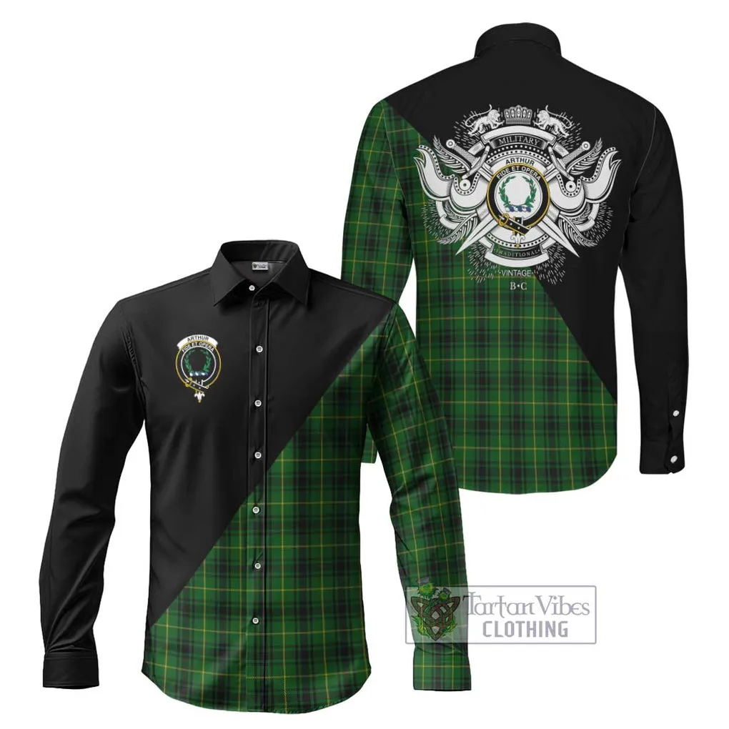 Arthur Tartan Long Sleeve Button Shirt with Family Crest and Military Logo Style