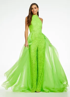 Ashley Lauren 1740 Size 4, 6 Neon Green Long Organza Overskirt Wire Hem Pageant Prom Layers