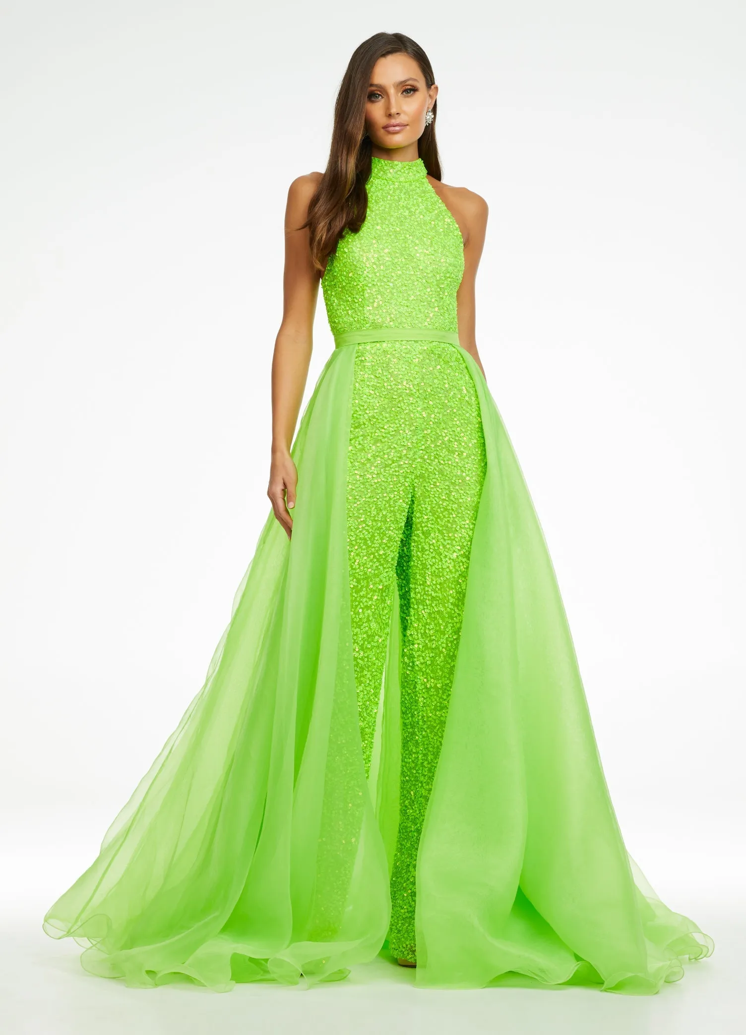 Ashley Lauren 1740 Size 4, 6 Neon Green Long Organza Overskirt Wire Hem Pageant Prom Layers