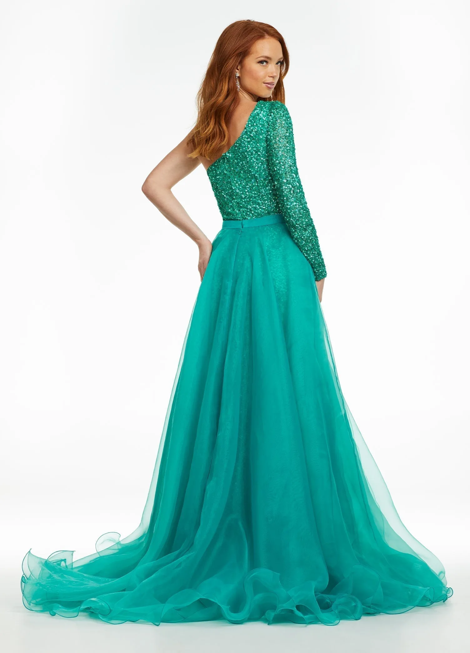 Ashley Lauren 1740 Size 8 Peacock Long Organza Pageant Overskirt Wire Hem Layered Train Detachable