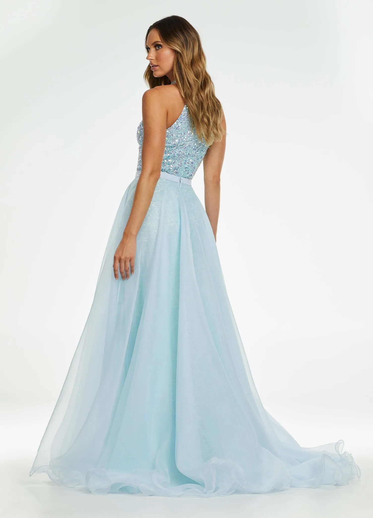 Ashley Lauren 1740 Size 8 Peacock Long Organza Pageant Overskirt Wire Hem Layered Train Detachable