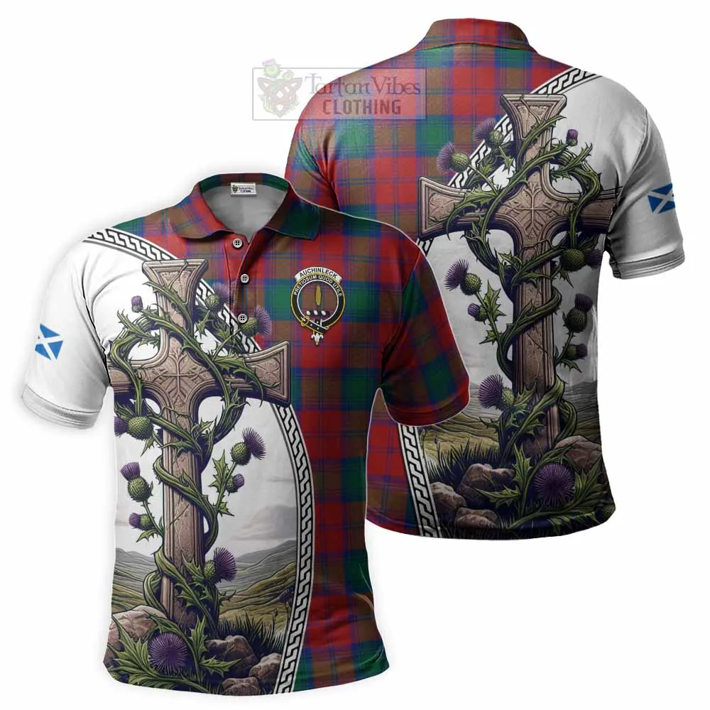 Auchinleck (Affleck) Tartan Polo Shirt with Family Crest and St. Andrew's Cross Accented by Thistle Vines