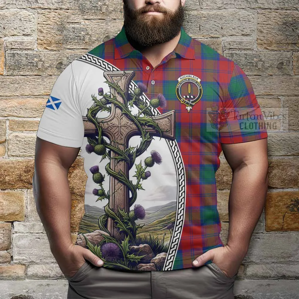 Auchinleck (Affleck) Tartan Polo Shirt with Family Crest and St. Andrew's Cross Accented by Thistle Vines