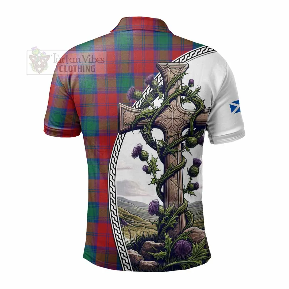 Auchinleck (Affleck) Tartan Polo Shirt with Family Crest and St. Andrew's Cross Accented by Thistle Vines