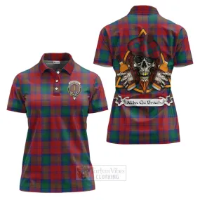 Auchinleck (Affleck) Tartan Women's Polo Shirt with Family Crest and Bearded Skull Holding Bottles of Whiskey