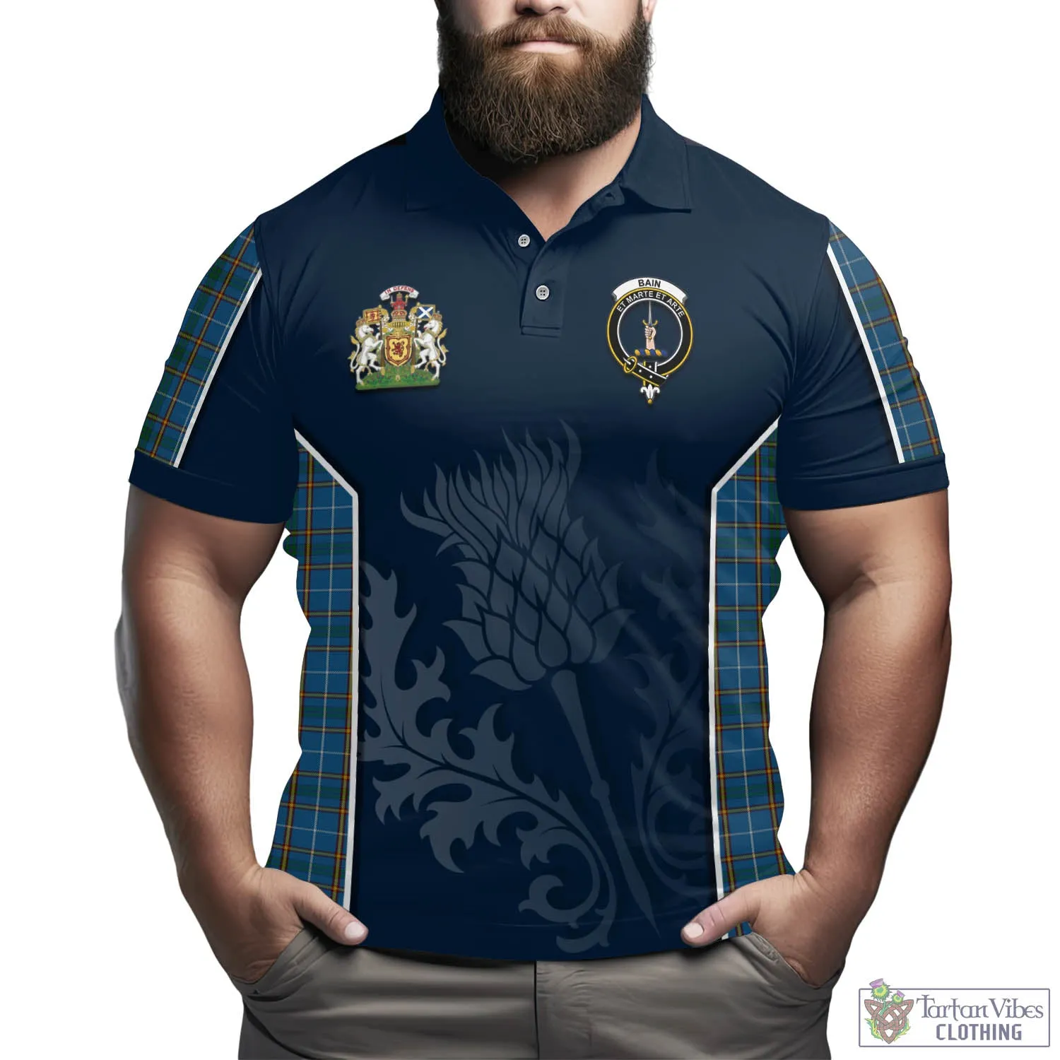 Bain Tartan Men's Polo Shirt with Family Crest and Scottish Thistle Vibes Sport Style