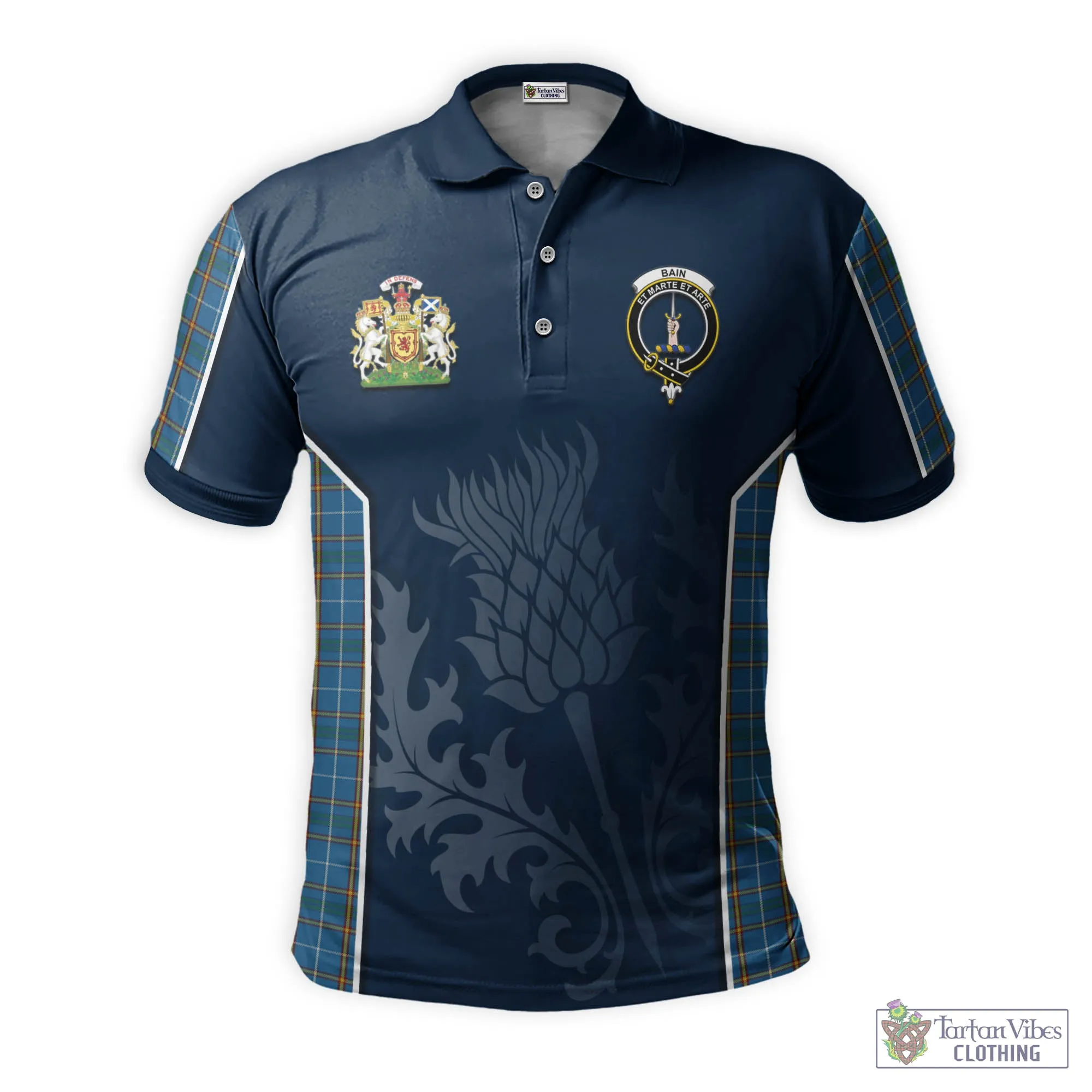 Bain Tartan Men's Polo Shirt with Family Crest and Scottish Thistle Vibes Sport Style