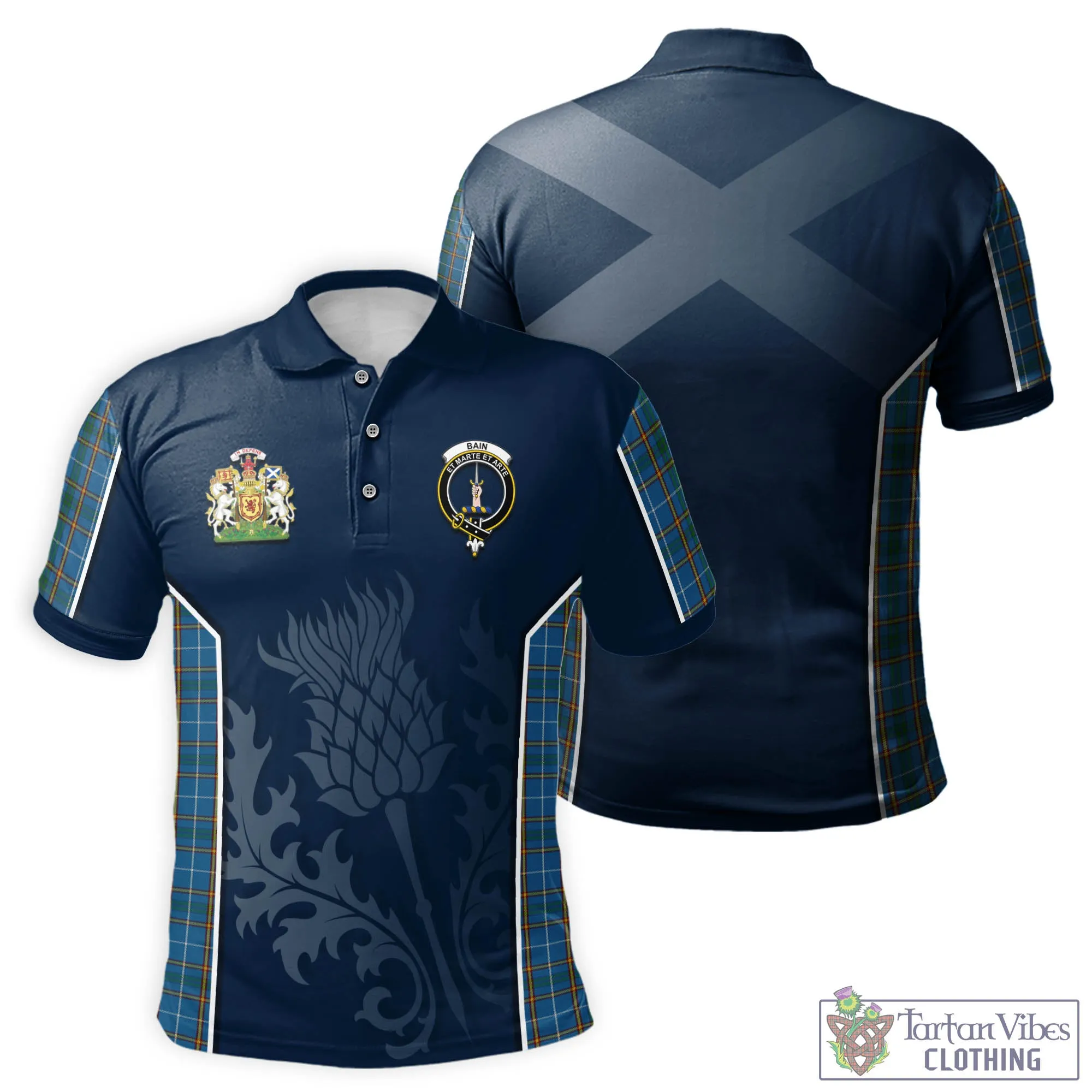 Bain Tartan Men's Polo Shirt with Family Crest and Scottish Thistle Vibes Sport Style