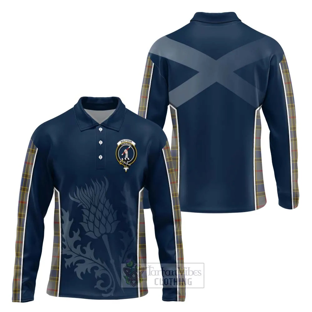 Balfour Tartan Long Sleeve Polo Shirt with Family Crest and Scottish Thistle Vibes Sport Style