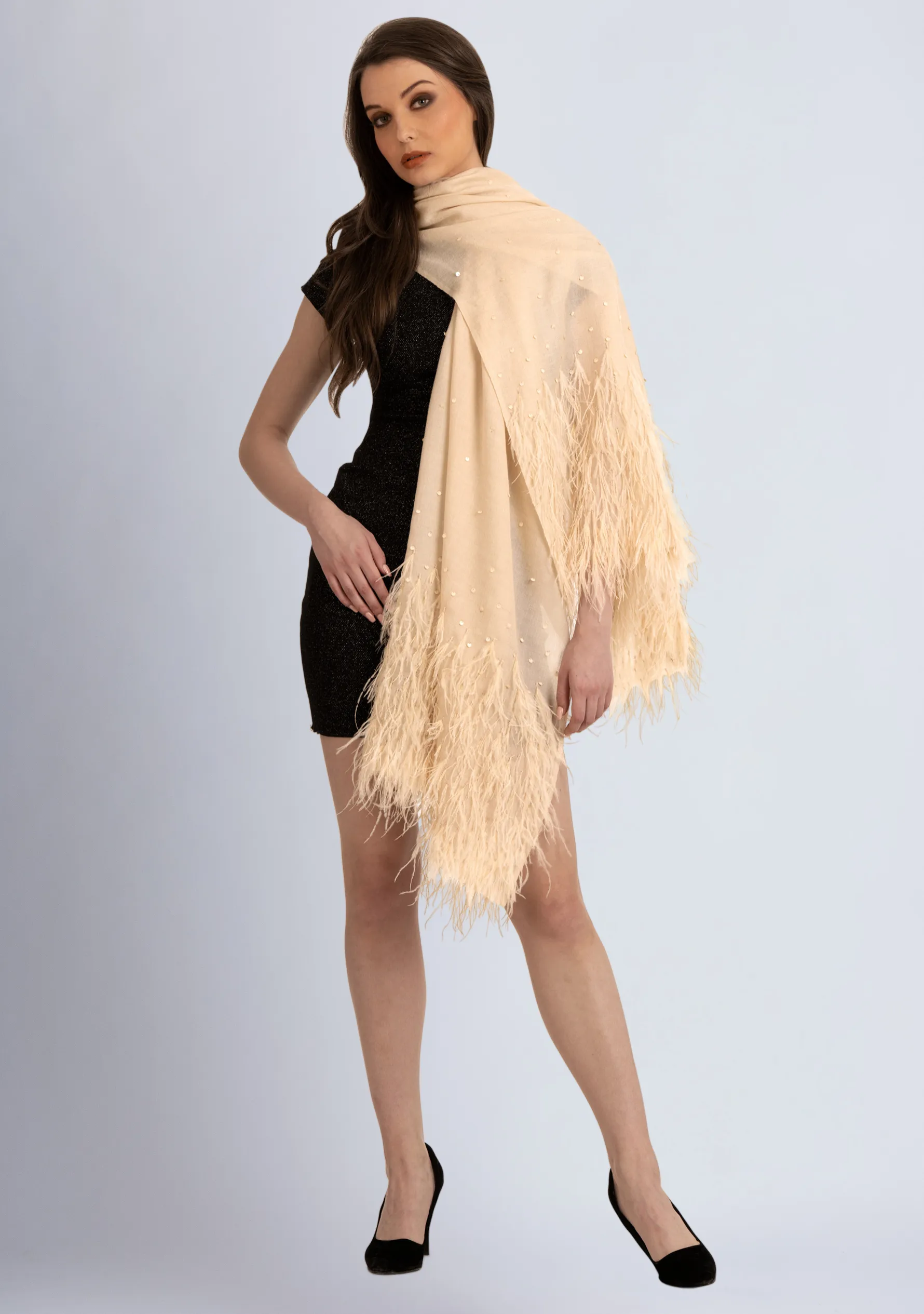 Beige Cashmere Scarf with Beige Ostrich Feathers and Beige Sequin