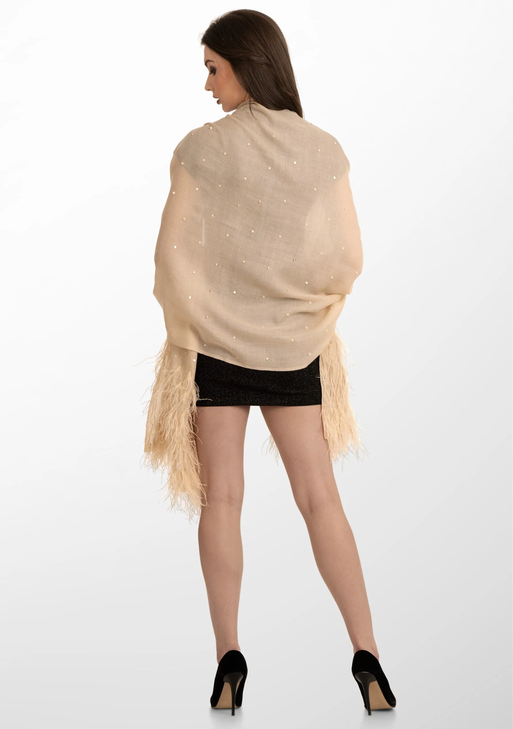 Beige Cashmere Scarf with Beige Ostrich Feathers and Beige Sequin