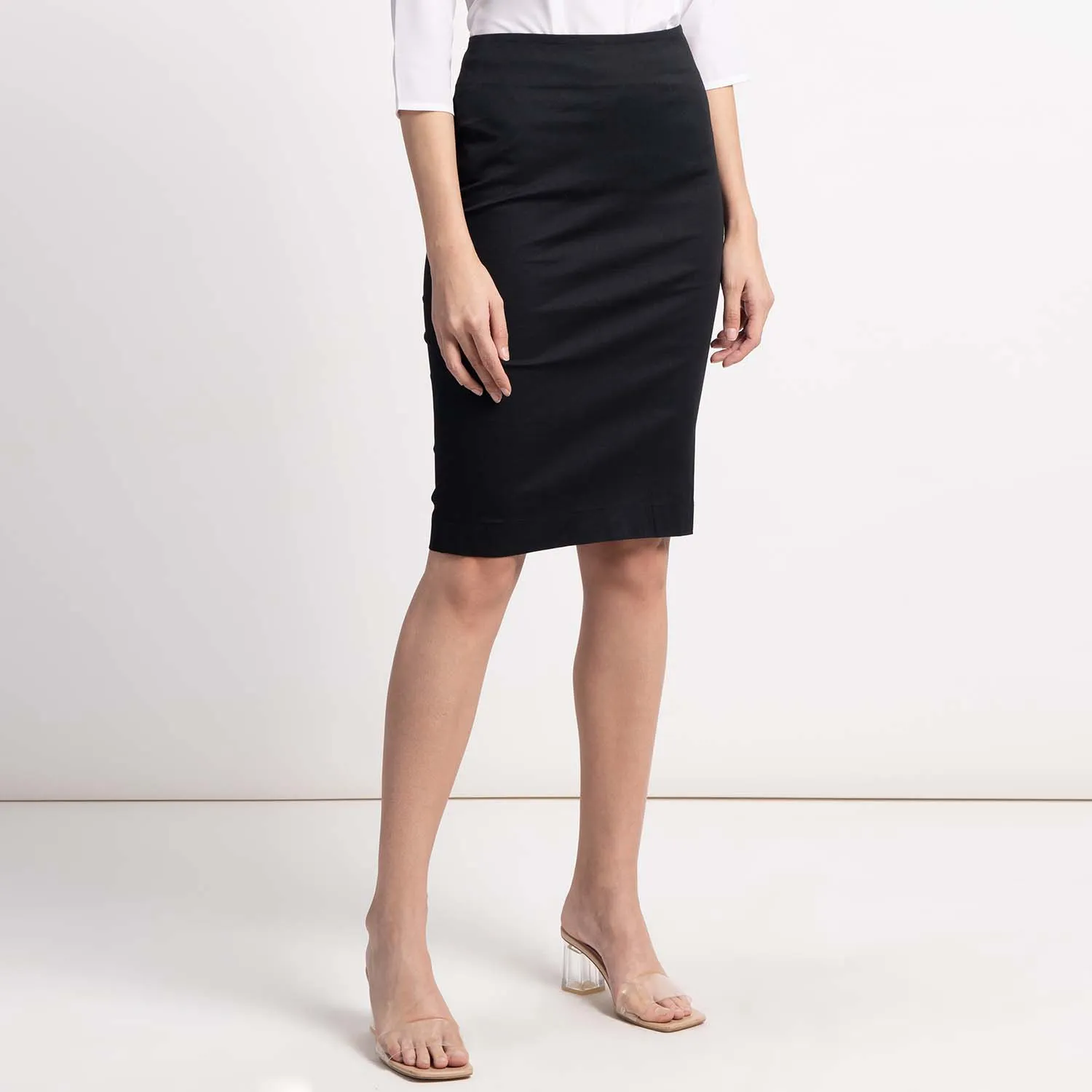 Black Cotton Poplin Stretch Pencil Skirt for Women