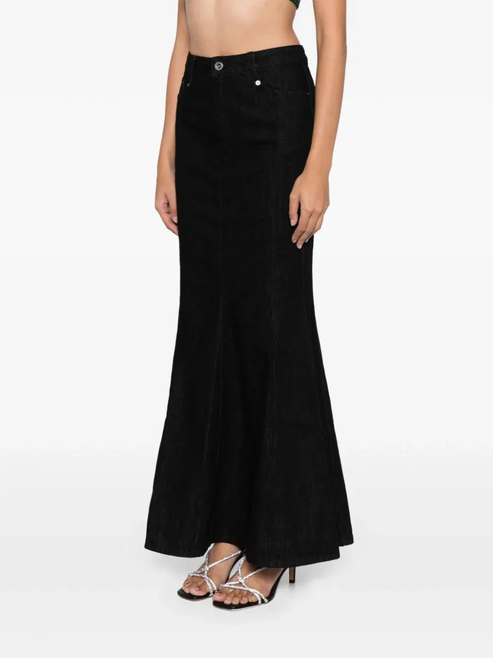 Black Denim Flared Maxi Skirt