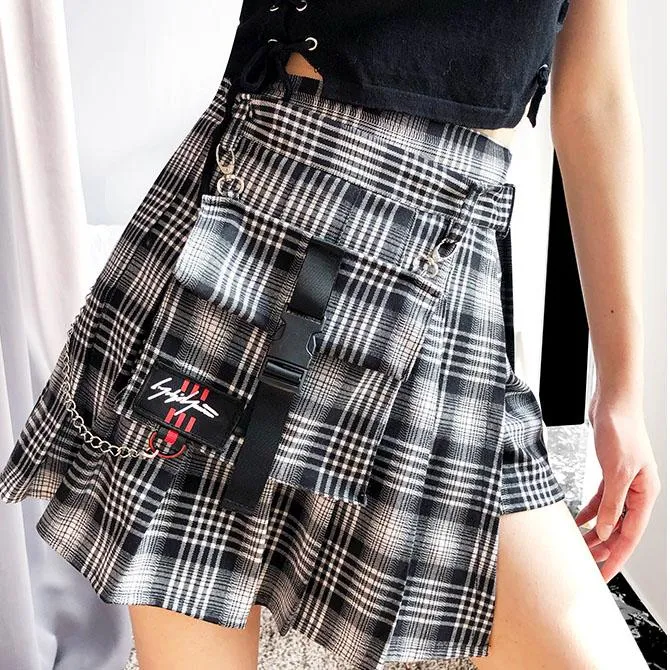 Black Grey Plaid Pleated Open Skirt SD00648