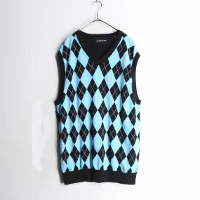 black × sax blue argyle check knit vest