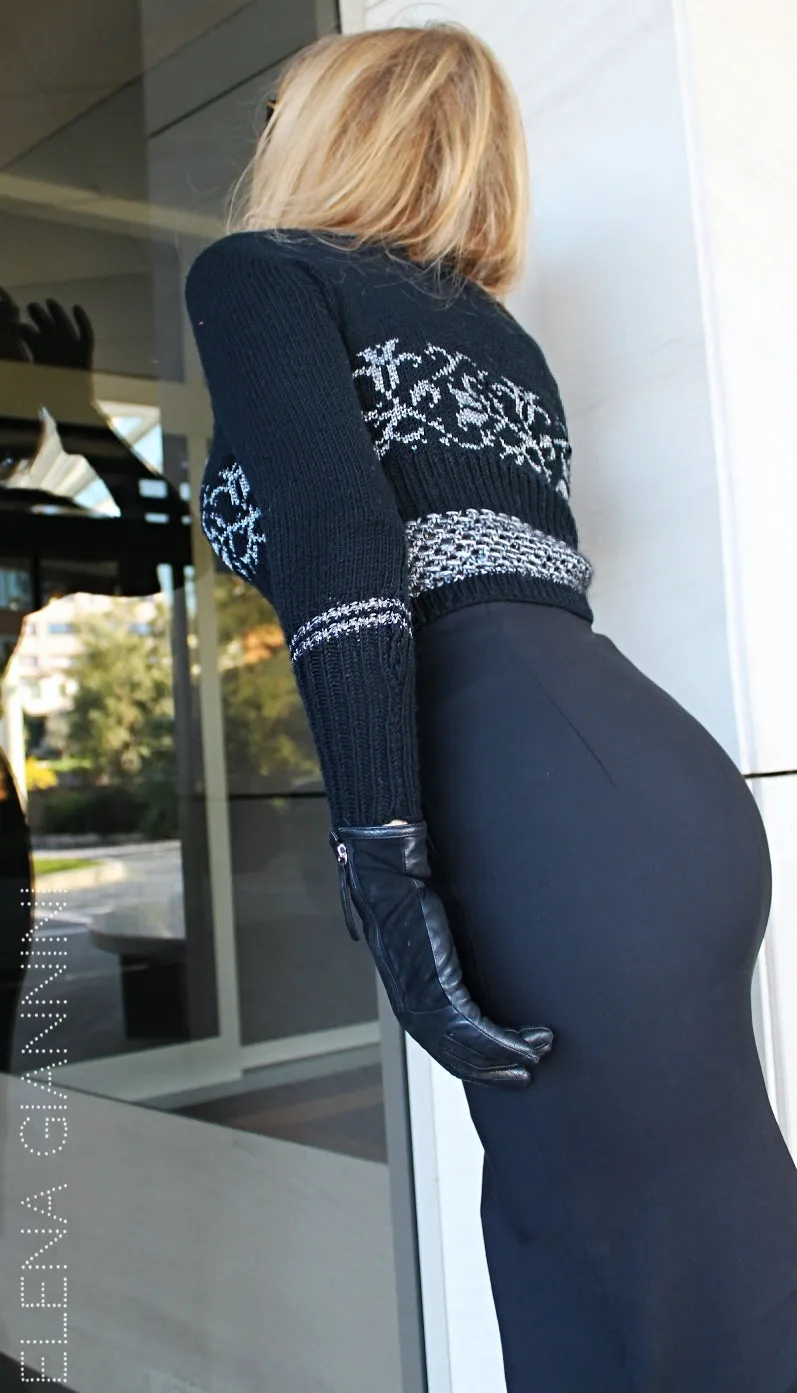 Black Short Handknitted Designer Sweater with Silver Floral Pattern