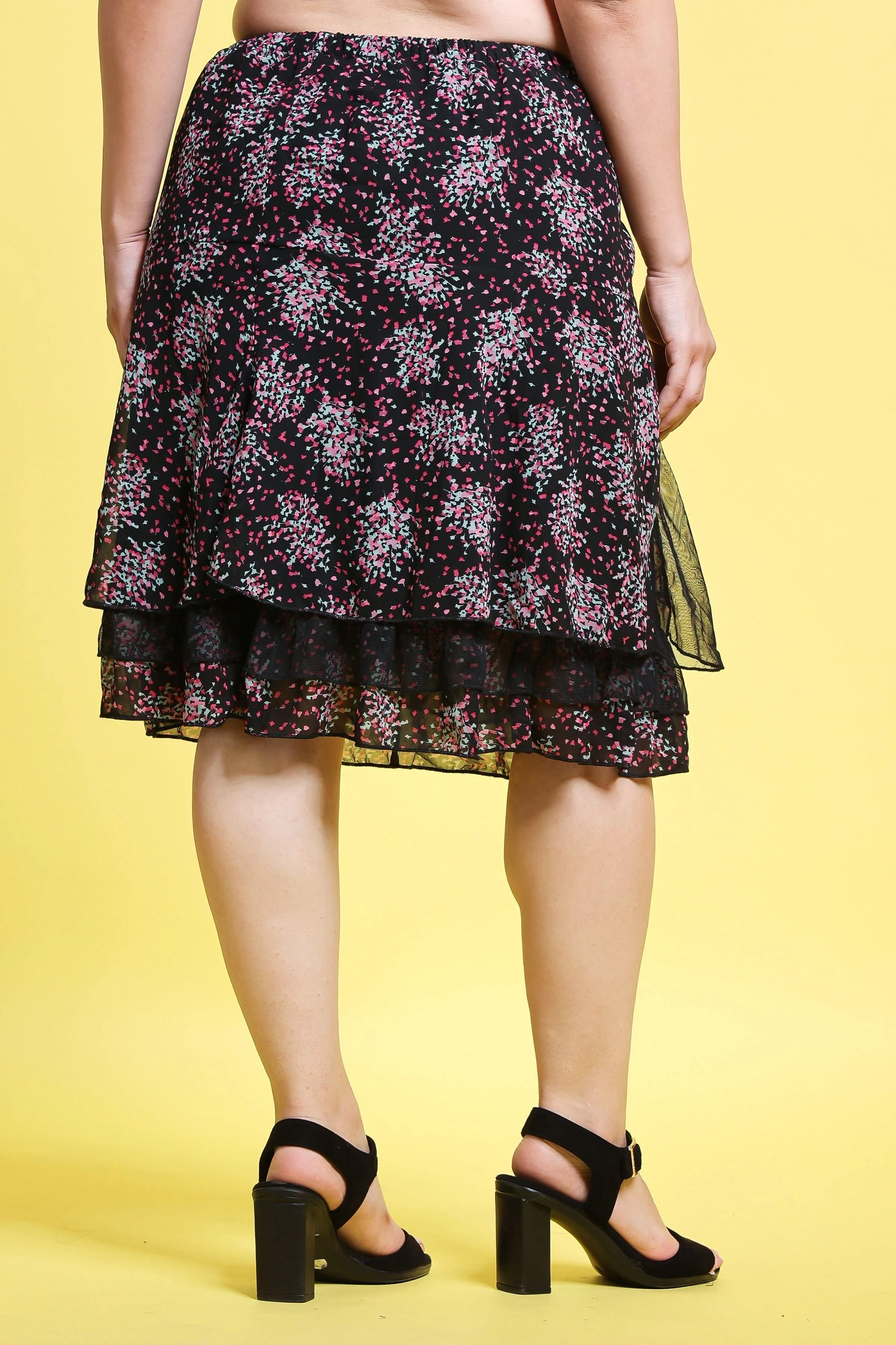 Black Small Floral Printed Layered Skirt