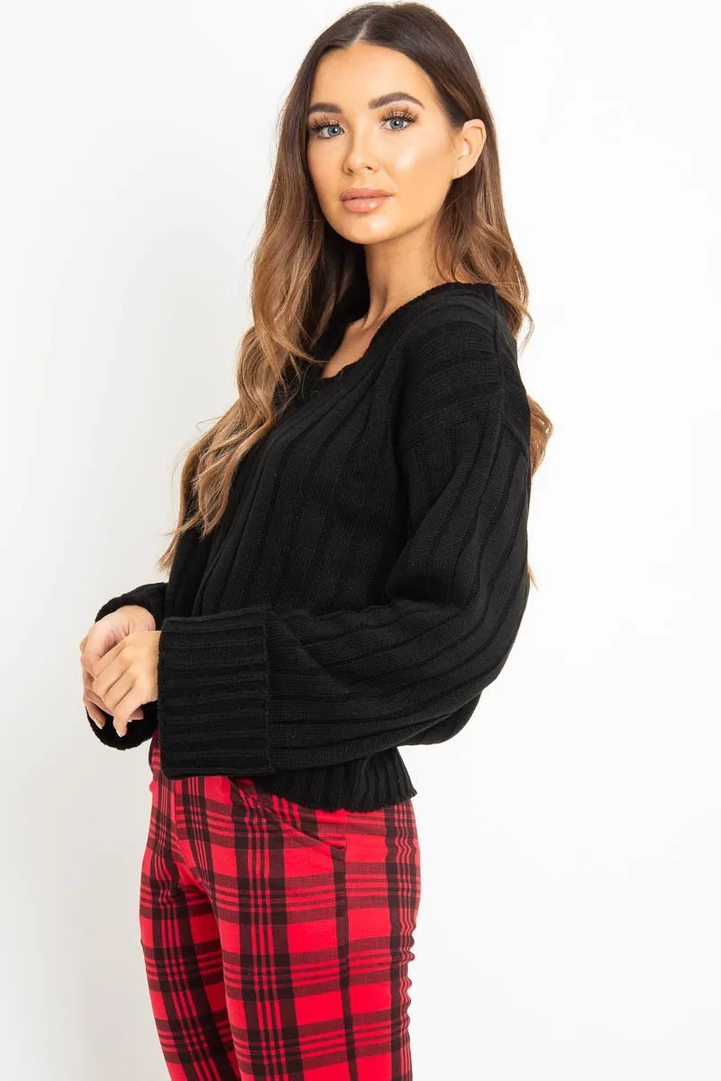 Black Wide Rib V Neck Jumper - Alinah