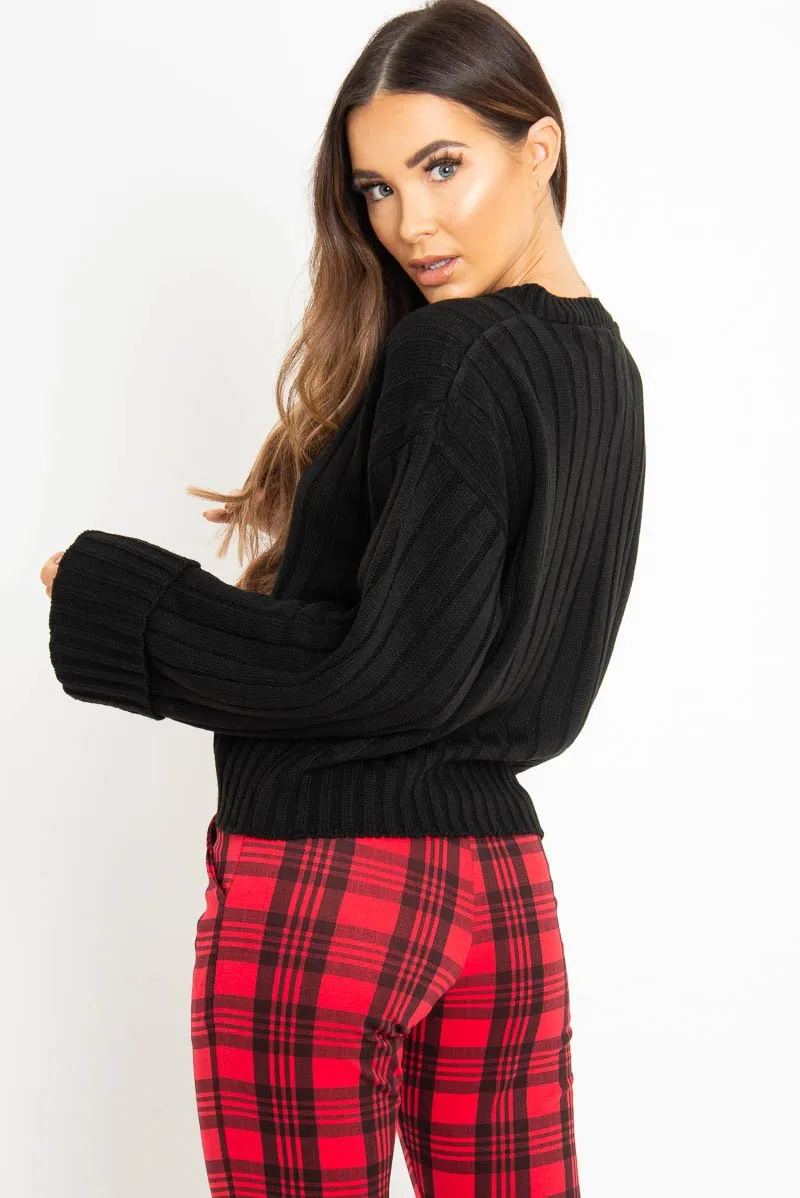 Black Wide Rib V Neck Jumper - Alinah